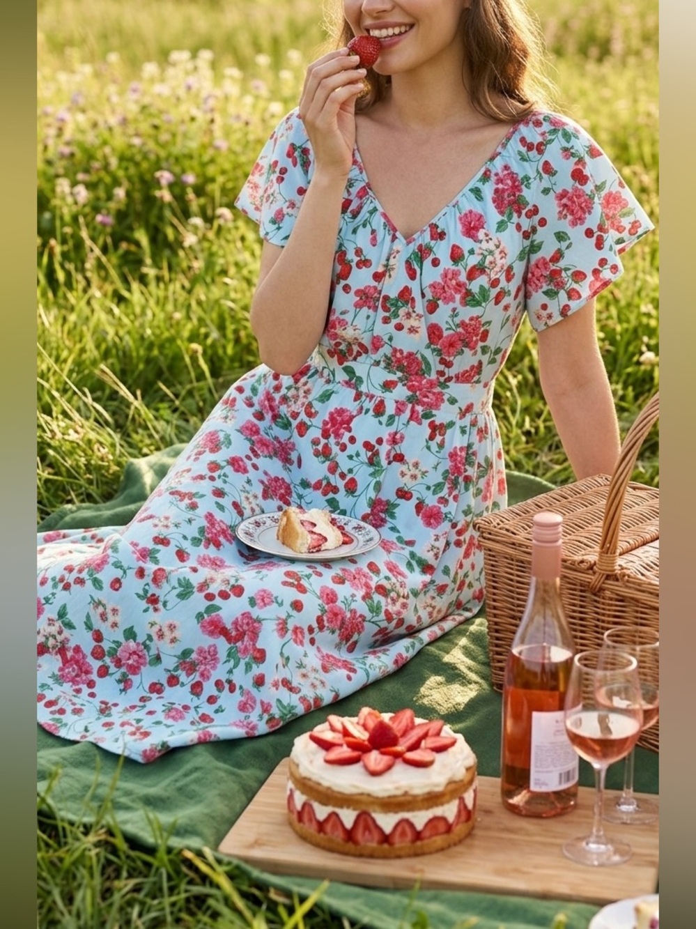  Ann Taylor Petite Strawberry Flutter Sleeve Dress 12P Picnic/Fruits Festivals